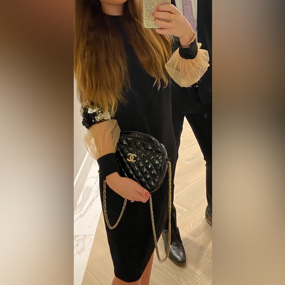 Apparalel Floral Appliqué Fancy Long Sleeve Black and Sheer Dress